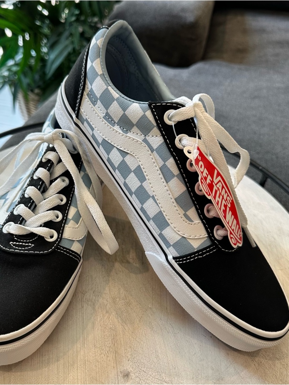Vans Checkerboard Sneakers - white and blue checkered with black accent NWT sz 9